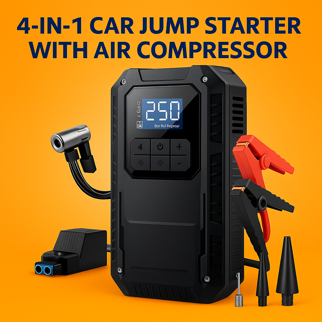 Heavy-Duty 4-in-1 Car Jump Starter with Air Pump and Power Bank