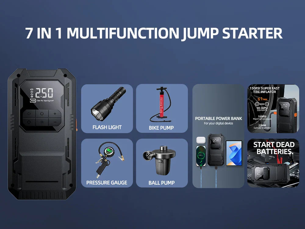 Heavy-Duty 4-in-1 Car Jump Starter with Air Pump and Power Bank